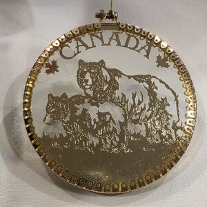 Vintage Canada Souvenir Bear Gold Tone Metal & Glass Christmas Ornament